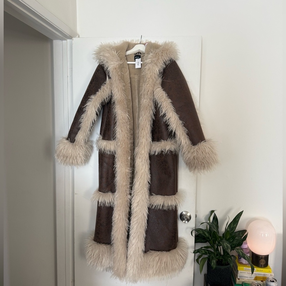 Brown and Cream Faux Fur Trim Coat